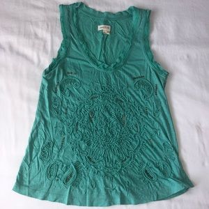 Anthropologie Teal Embroidered Tank Top
